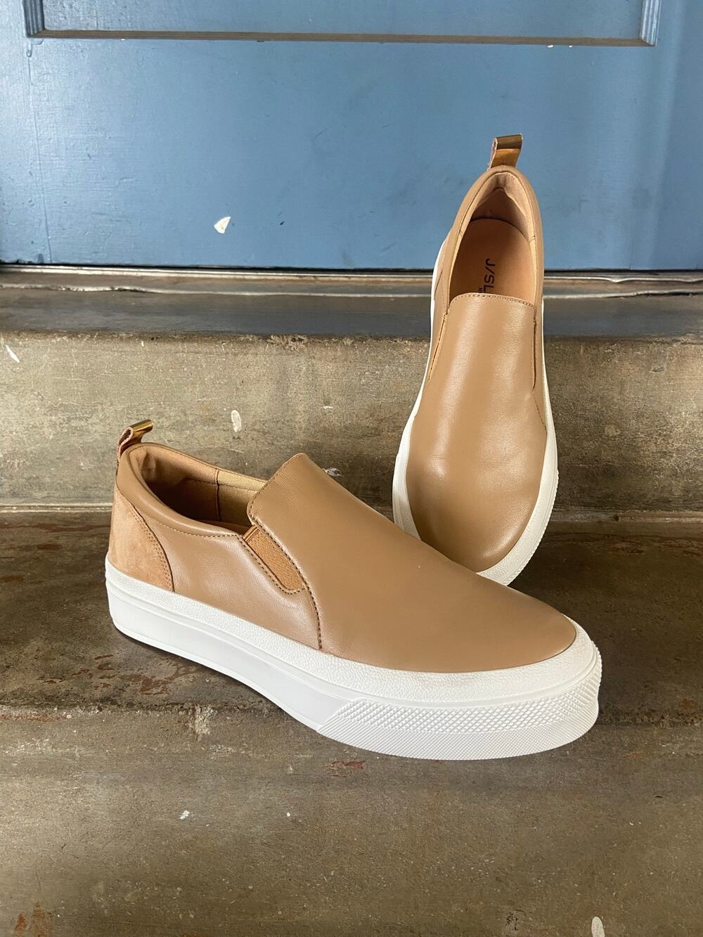 J/Slides NYC camel leather platform style slip on sneaker